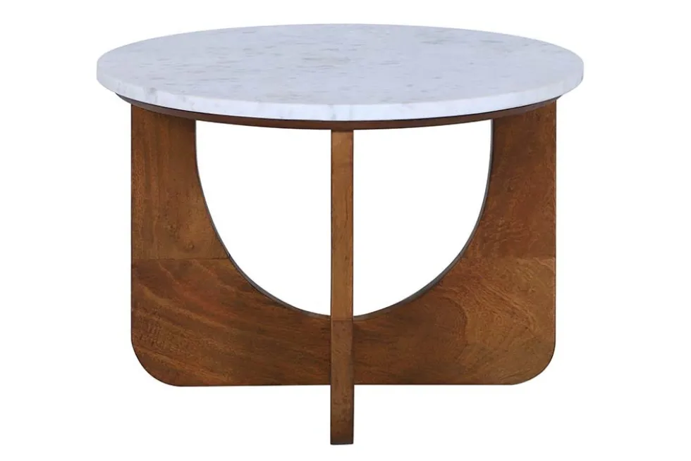 Runder Couchtisch ENSO 60cm weiß Marmor braun massiv Mangoholz