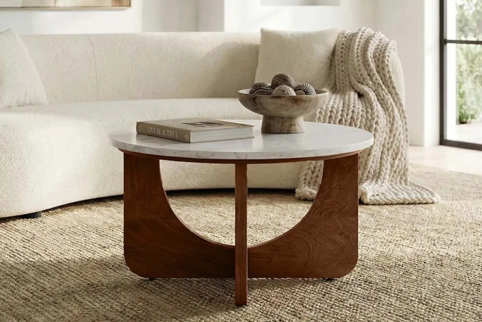 Runder Couchtisch ENSO 60cm weiß Marmor braun massiv Mangoholz