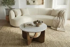 Runder Couchtisch ENSO 60cm weiß Marmor braun massiv Mangoholz