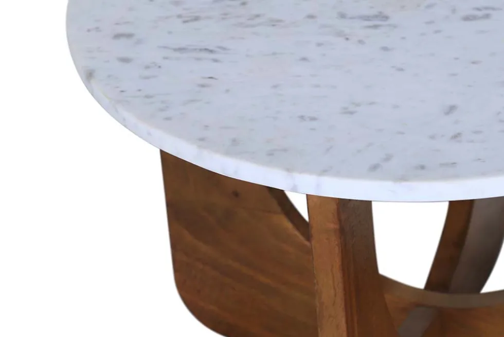 Runder Couchtisch ENSO 60cm weiß Marmor braun massiv Mangoholz