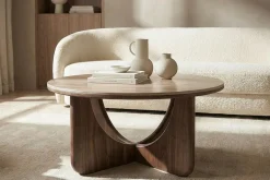 Runder Couchtisch ENSO 80cm champagner greige Travertin Keramik Walnussholz
