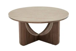 Runder Couchtisch ENSO 80cm champagner greige Travertin Keramik Walnussholz