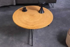 Runder Couchtisch FUSION 70cm Baumscheibe Eiche schwarz Metall Beistelltisch