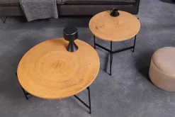 Runder Couchtisch FUSION 50cm Baumscheibe Eiche schwarz Metall Beistelltisch