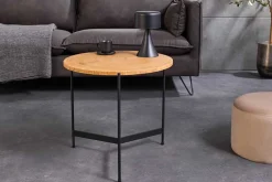 Runder Couchtisch FUSION 50cm Baumscheibe Eiche schwarz Metall Beistelltisch
