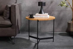 Runder Couchtisch FUSION 50cm Baumscheibe Eiche schwarz Metall Beistelltisch