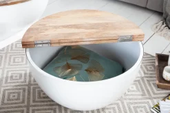 Runder Couchtisch INDUSTRIAL STORAGE 60cm weiß natur Mangoholz mit Stauraum handmade