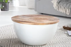 Runder Couchtisch INDUSTRIAL STORAGE 60cm weiß natur Mangoholz mit Stauraum handmade