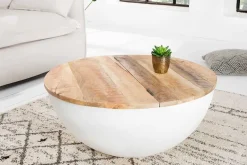 Runder Couchtisch INDUSTRIAL STORAGE 70cm weiß natur Massivholz mit Stauraum handmade