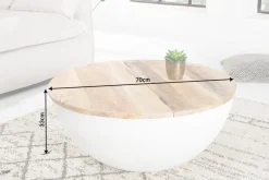 Runder Couchtisch INDUSTRIAL STORAGE 70cm weiß natur Massivholz mit Stauraum handmade