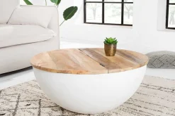 Runder Couchtisch INDUSTRIAL STORAGE 70cm weiß natur Massivholz mit Stauraum handmade