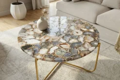 Runder Couchtisch NOBLE 65cm Edelstein Achat abnehmbare Tischplatte goldenes Metallgestell