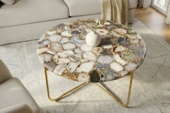 Runder Couchtisch NOBLE 65cm Edelstein Achat abnehmbare Tischplatte goldenes Metallgestell