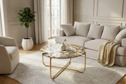 Runder Couchtisch NOBLE 65cm Edelstein Achat abnehmbare Tischplatte goldenes Metallgestell