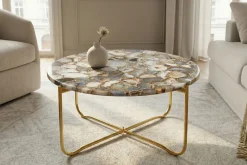 Runder Couchtisch NOBLE 65cm Edelstein Achat abnehmbare Tischplatte goldenes Metallgestell