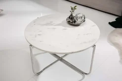 Runder Couchtisch NOBLE 65cm weiß Marmor abnehmbare Tischplatte klappbar silber Metall