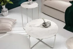 Runder Couchtisch NOBLE 65cm weiß Marmor abnehmbare Tischplatte klappbar silber Metall