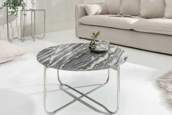 Runder Couchtisch NOBLE 65cm grau Marmor abnehmbare Tischplatte klappbar silber Metall
