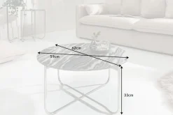 Runder Couchtisch NOBLE 65cm grau Marmor abnehmbare Tischplatte klappbar silber Metall