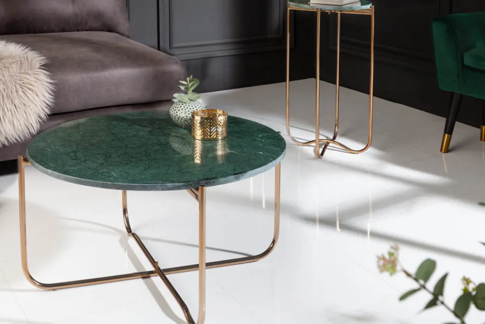 Runder Couchtisch NOBLE 65cm grün Marmor abnehmbare Tischplatte klappbar gold Metall