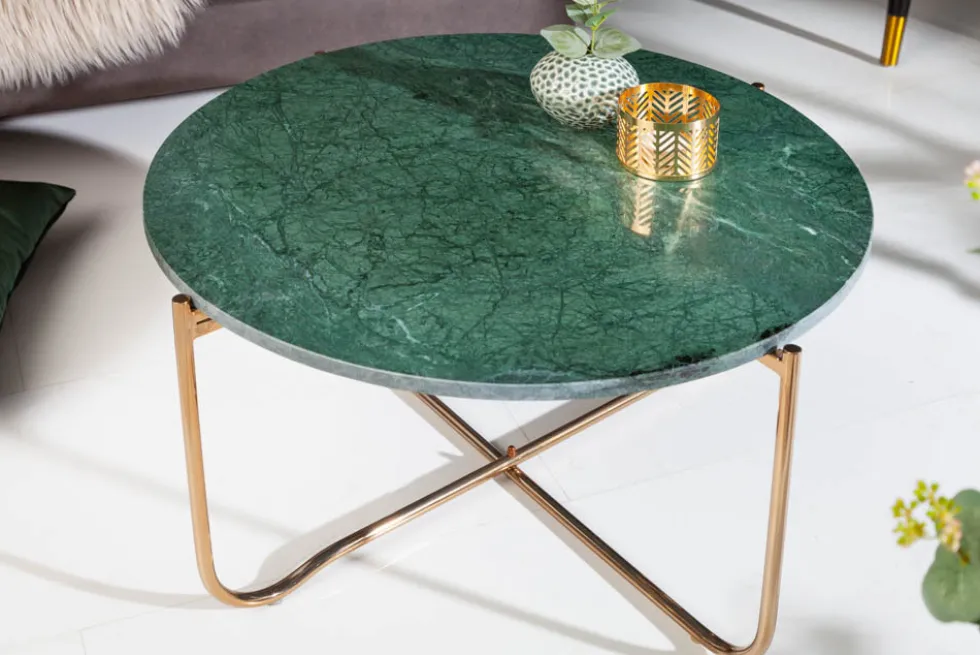 Runder Couchtisch NOBLE 65cm grün Marmor abnehmbare Tischplatte klappbar gold Metall