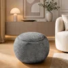 Runder Couchtisch ORBIT 50cm grau Bouclé Hocker mit Tablett und Stauraum