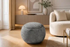 Runder Couchtisch ORBIT 50cm grau Bouclé Hocker mit Tablett und Stauraum