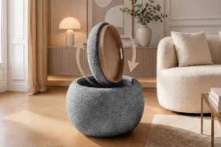 Runder Couchtisch ORBIT 50cm grau Bouclé Hocker mit Tablett und Stauraum