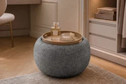 Runder Couchtisch ORBIT 50cm grau Bouclé Hocker mit Tablett und Stauraum