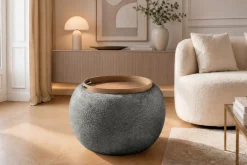 Runder Couchtisch ORBIT 50cm grau Bouclé Hocker mit Tablett und Stauraum