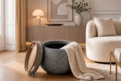Runder Couchtisch ORBIT 50cm grau Bouclé Hocker mit Tablett und Stauraum