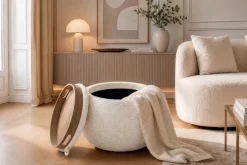 Runder Couchtisch ORBIT 50cm beige Bouclé Hocker mit Tablett und Stauraum
