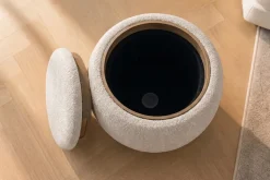 Runder Couchtisch ORBIT 50cm beige Bouclé Hocker mit Tablett und Stauraum