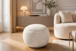 Runder Couchtisch ORBIT 50cm beige Bouclé Hocker mit Tablett und Stauraum