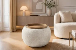 Runder Couchtisch ORBIT 50cm beige Bouclé Hocker mit Tablett und Stauraum