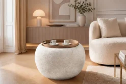 Runder Couchtisch ORBIT 50cm beige Bouclé Hocker mit Tablett und Stauraum