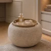 Runder Couchtisch ORBIT 50cm champagner-greige Bouclé Hocker mit Tablett und Stauraum