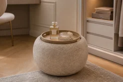 Runder Couchtisch ORBIT 50cm champagner-greige Bouclé Hocker mit Tablett und Stauraum