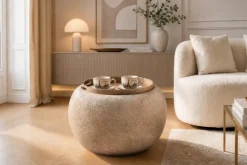 Runder Couchtisch ORBIT 50cm champagner-greige Bouclé Hocker mit Tablett und Stauraum