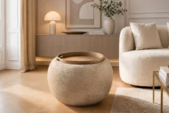 Runder Couchtisch ORBIT 50cm champagner-greige Bouclé Hocker mit Tablett und Stauraum