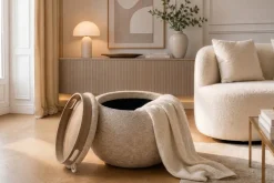 Runder Couchtisch ORBIT 50cm champagner-greige Bouclé Hocker mit Tablett und Stauraum