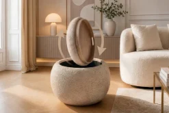 Runder Couchtisch ORBIT 50cm champagner-greige Bouclé Hocker mit Tablett und Stauraum