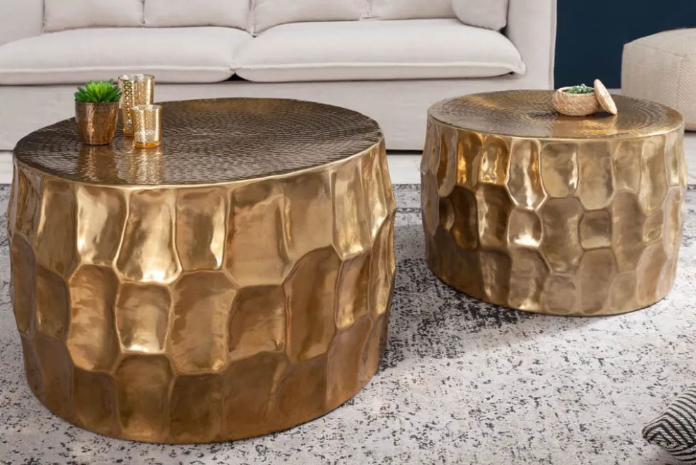 Runder Couchtisch ORGANIC ORIENT 55cm gold Metall Hammerschlag 3D-Design handmade