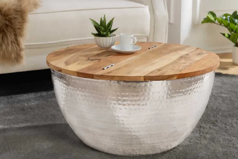 Runder Couchtisch ORIENT STORAGE 60cm silber Akazienholz mit Stauraum Hammerschlag handmade