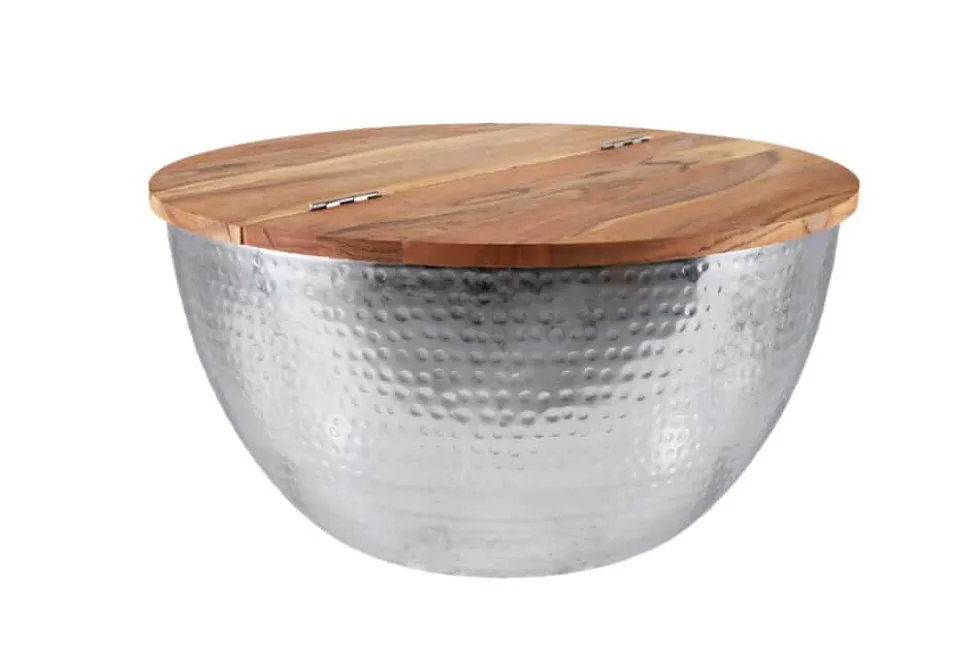 Runder Couchtisch ORIENT STORAGE 60cm silber Akazienholz mit Stauraum Hammerschlag handmade