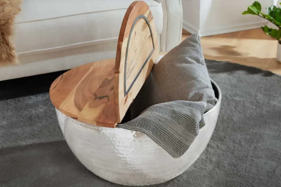 Runder Couchtisch ORIENT STORAGE 60cm silber Akazienholz mit Stauraum Hammerschlag handmade