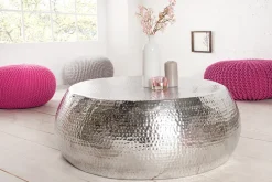 Runder Couchtisch ORIENT 80cm silber Metall Aluminium Hammerschlag Design handmade