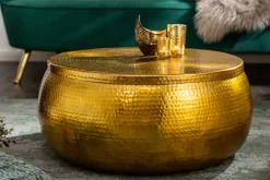 Runder Couchtisch ORIENT STORAGE 70cm gold Metall mit Stauraum Hammerschlag Design handmade