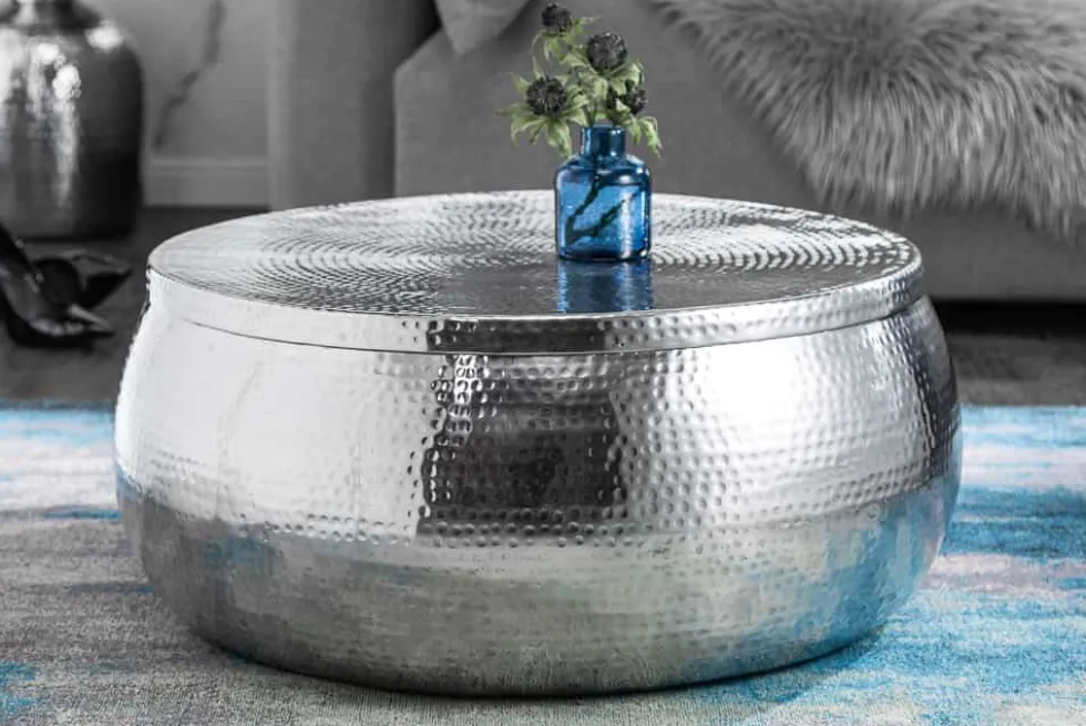 Runder Couchtisch ORIENT STORAGE 70cm silber Metall mit Stauraum Hammerschlag Design handmade