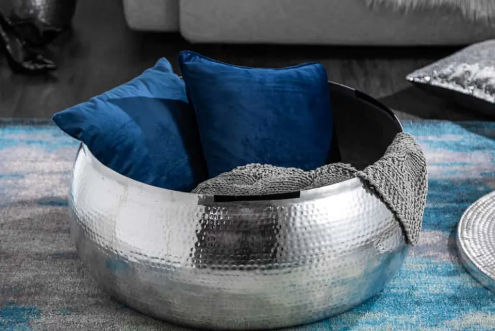 Runder Couchtisch ORIENT STORAGE 70cm silber Metall mit Stauraum Hammerschlag Design handmade